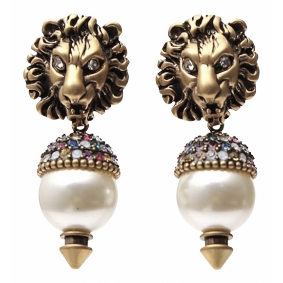 RARE ๐ ๐ Gucci Metal Crystal Lion Glass Pearl Earrings Aged Gold - Picture 1 of 8